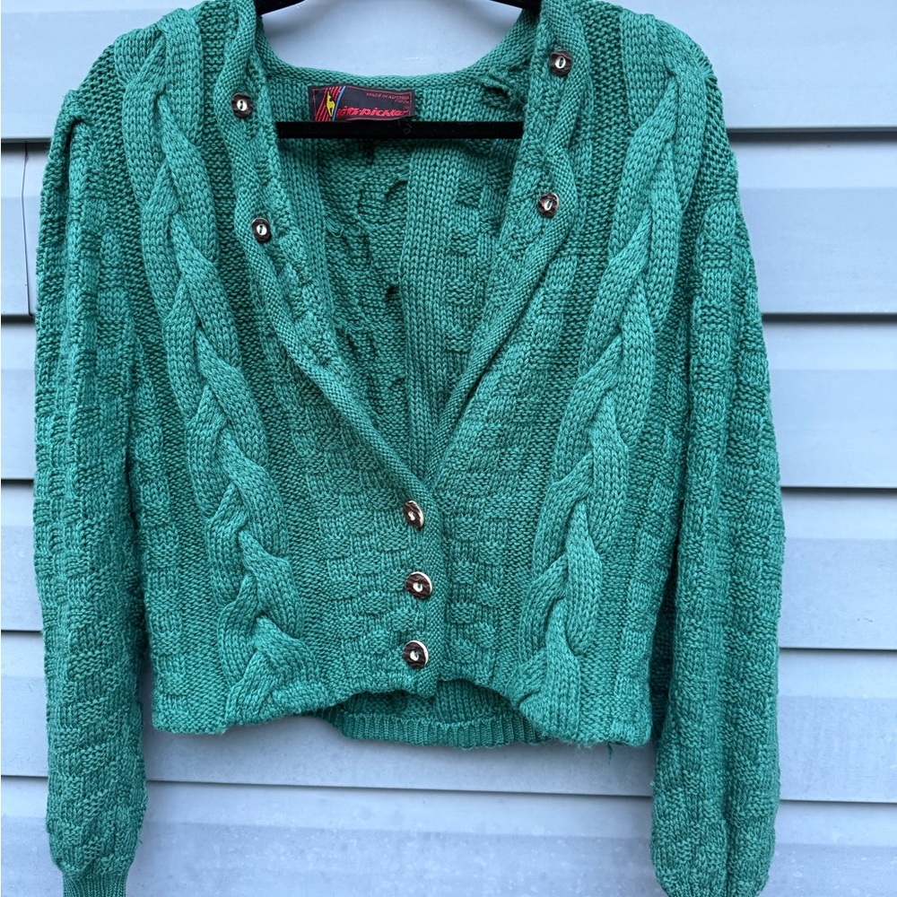 Vintage Green Cable Knit Cardigan Sweater